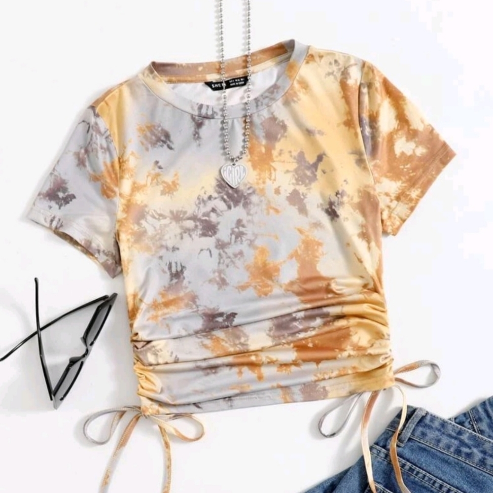 Tie Dye Blouse Drawstring Ruched Sides Size L Stretchy Slim Fit Short Sleeve Top